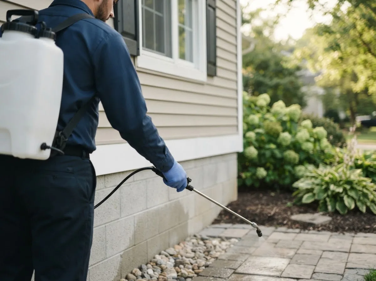Pest control technician inspecting a home in Tina, MO